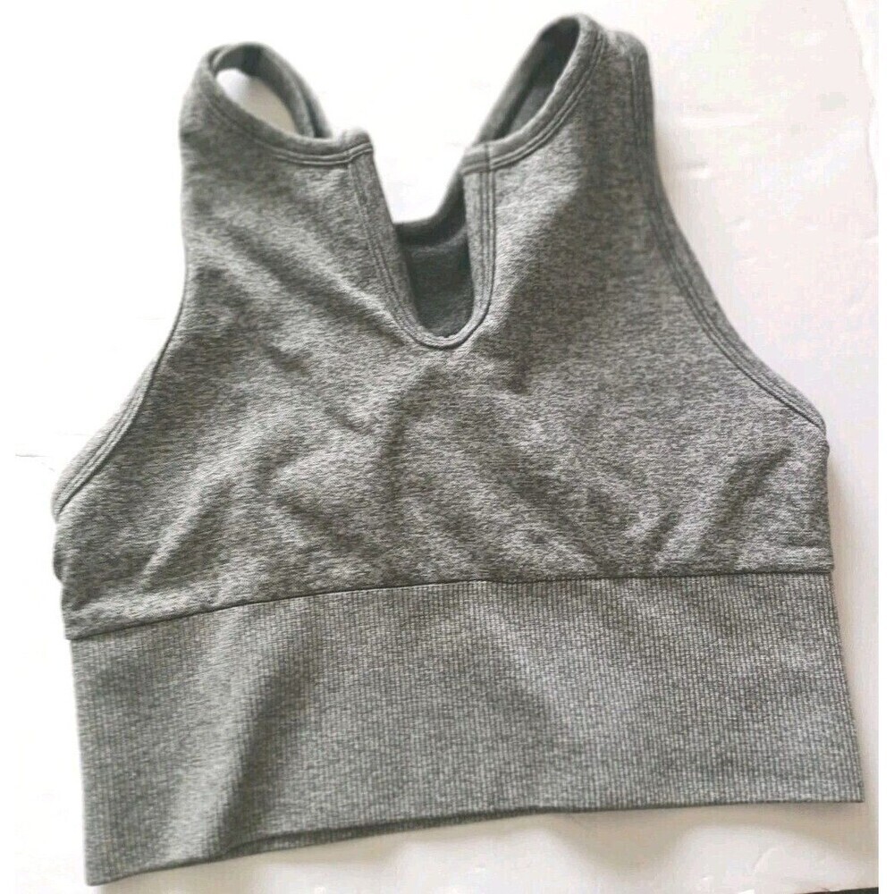 Victoria's Secret PINK Seamless Sports Bra Split Neck Top Size Small Gray Logo